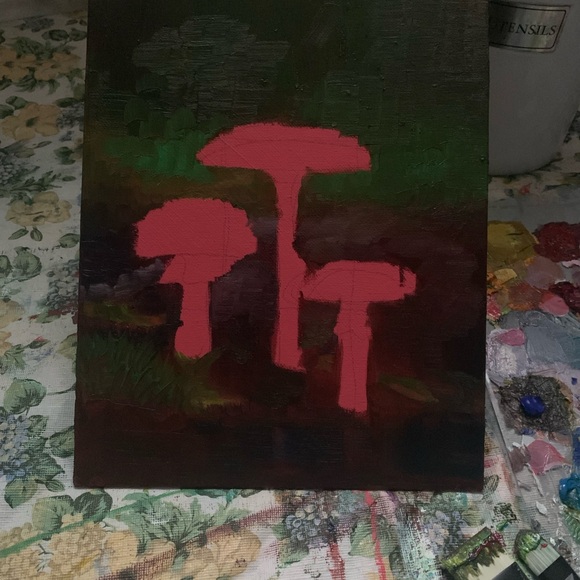 Original Oil Painting Red Amanita Mushroom Forest Fungi Wild Canvas Art Signed - Picture 4 of 4